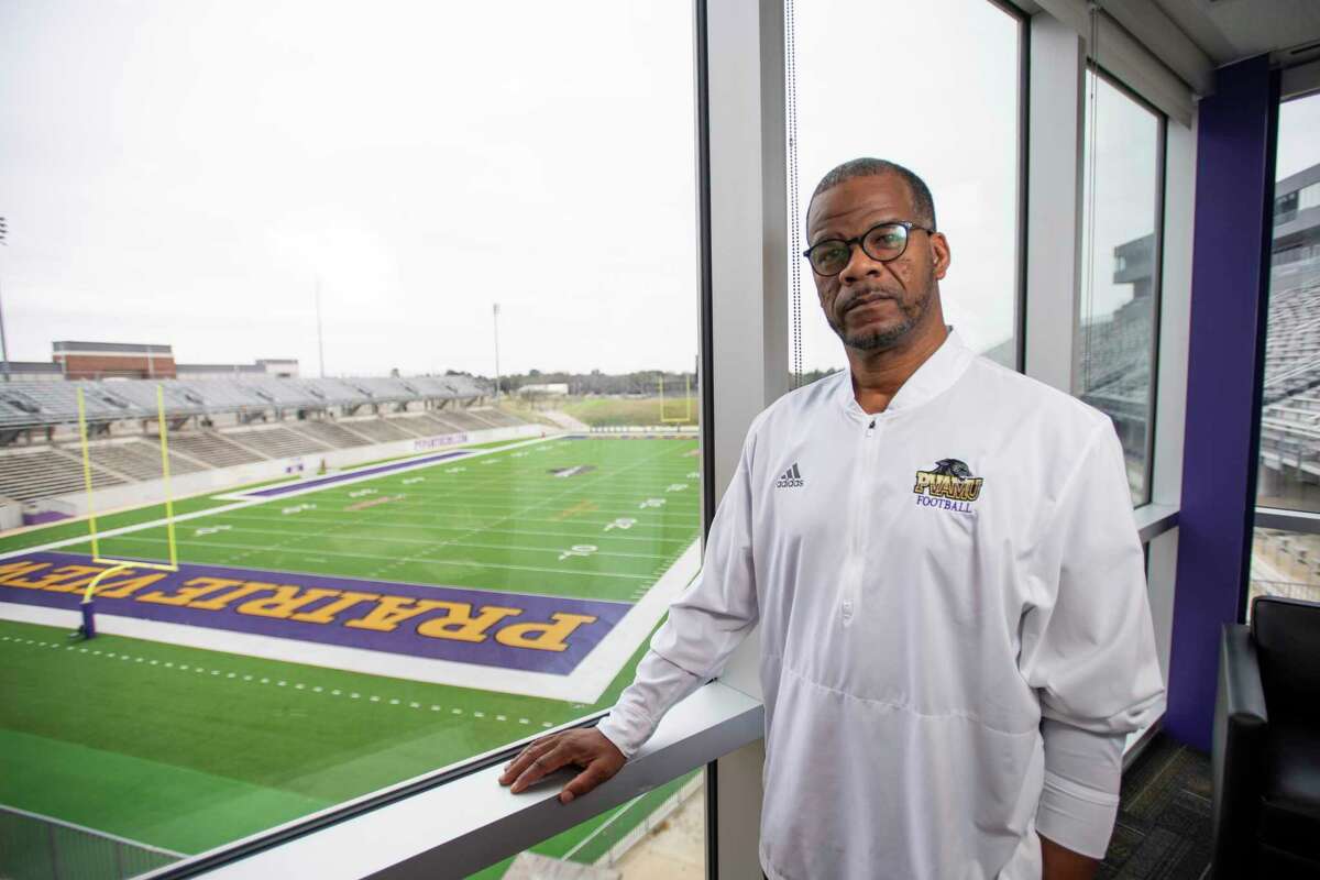 Prairie View A&M head football coach Bubba McDowell in his office overlooking Panther Stadium Friday, Feb. 25, 2022, in Prairie View, Texas.