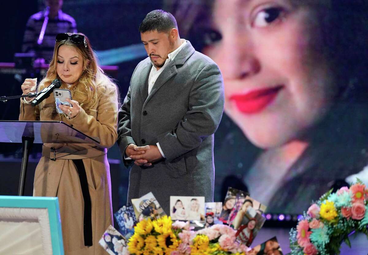 Gwen Álvarez and Armando Álvarez speak during the funeral for their daughter Arlene Álvarez, 9, at Grace Church, 14505 Gulf Fwy., Friday, Feb. 25, 2022, in Houston. Tony D. Earls has been charged in her death. He was robbed at an ATM and fired at the robbery suspect. She was shot as her family drove by.