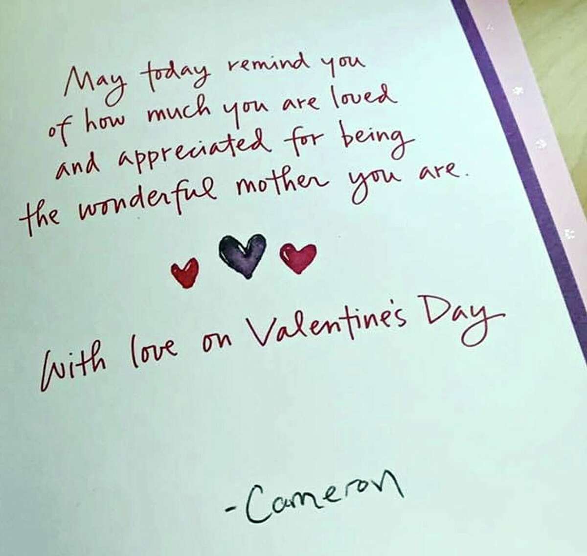 Valentine’s card that Cameron Herr presented to his mother a month before his death in 2018