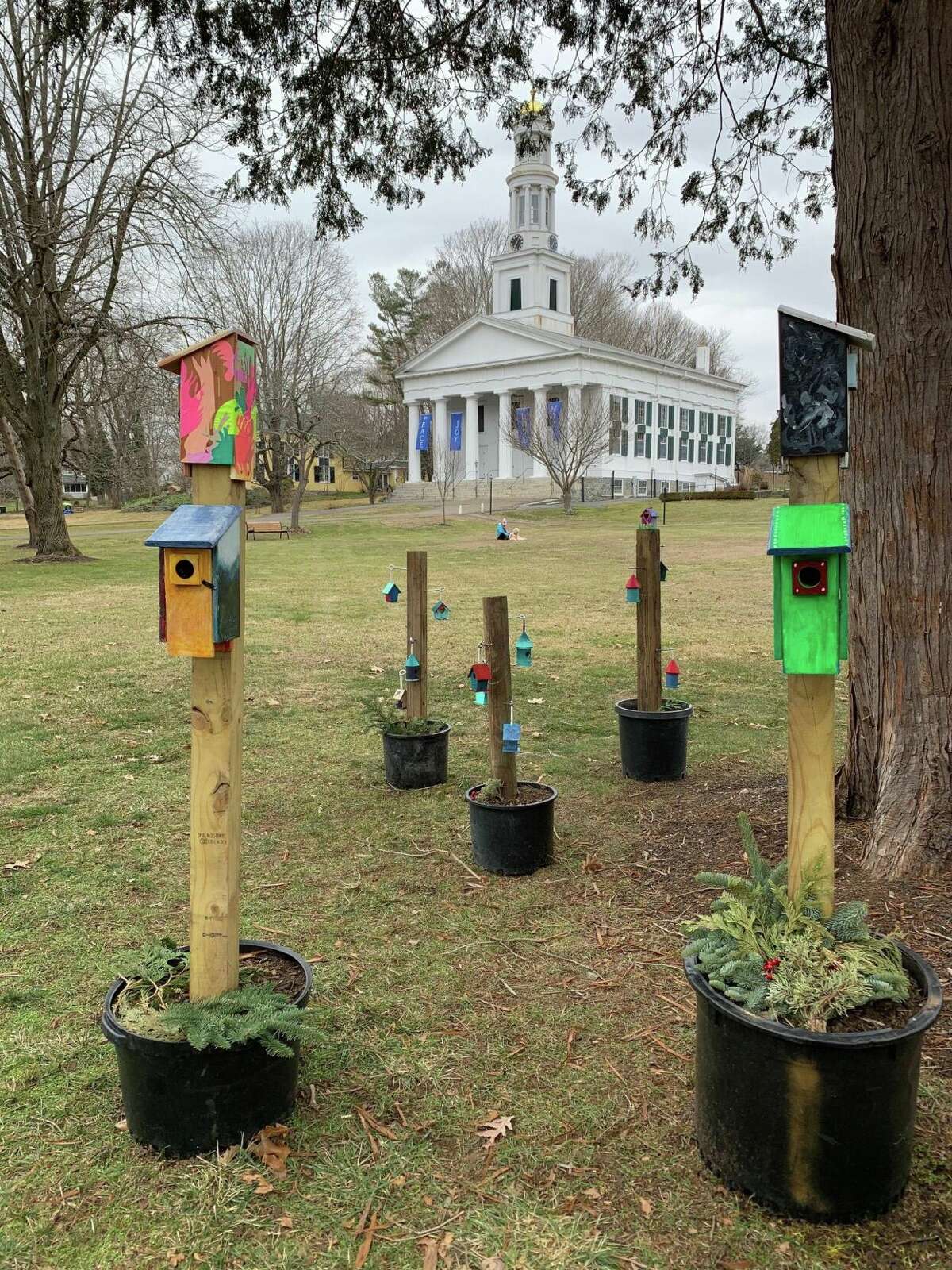 A garden of Heart Houses on the front lawn of the First Congregational Church in Madison.