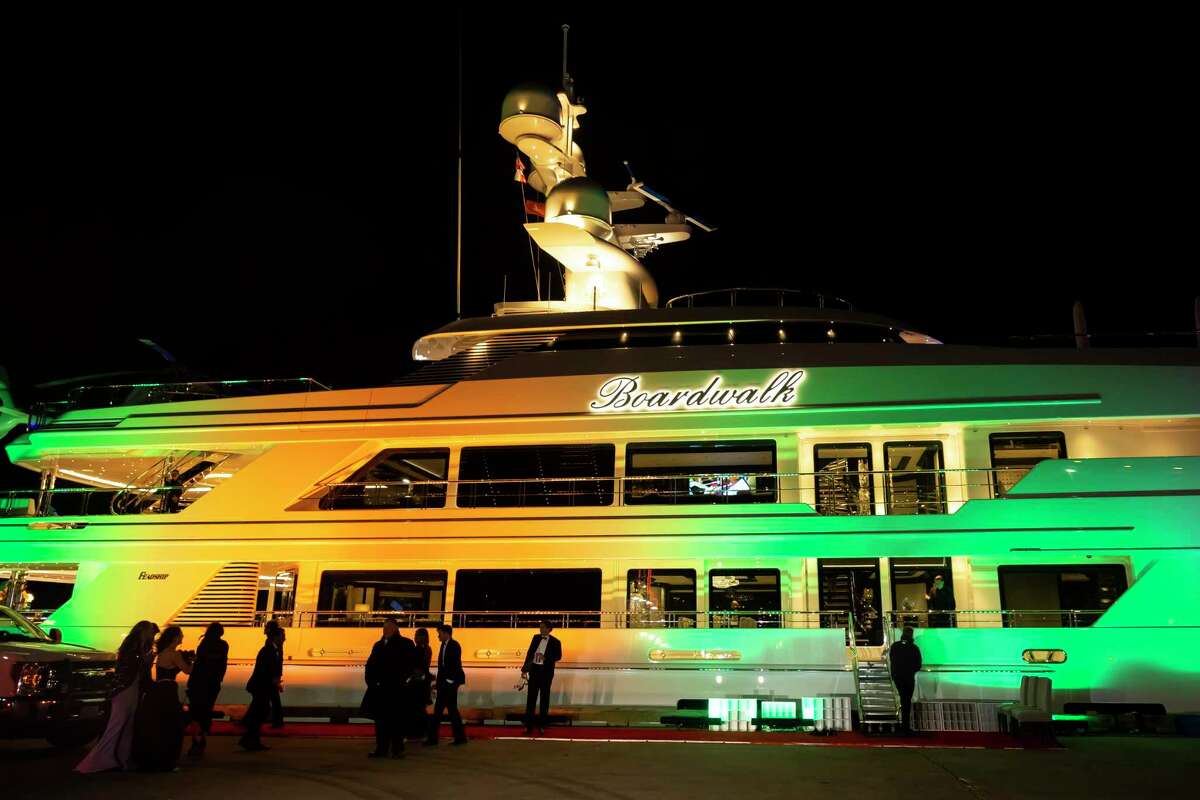 The first glimpse of Fertitta’s new yacht, Boardwalk, in Galveston on Friday, Feb. 25, 2022.