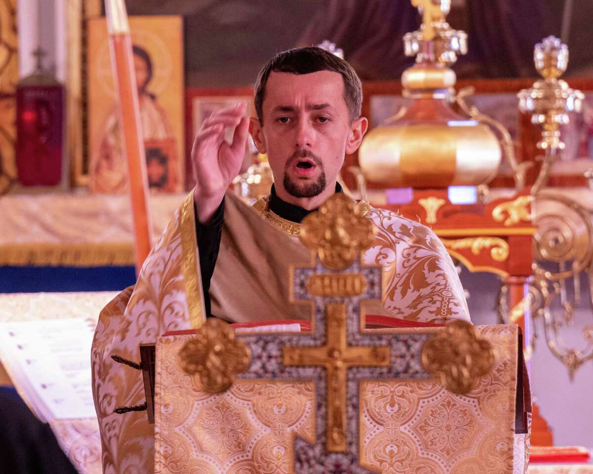 Fr. Vasyl Dovgan speaks at the St. Nicholas Ukrainian Orthodox Church in Troy, NY, on Saturday, Feb. 26, 2022 during a prayer service for Ukraine and its people as the country faces an invasion from Russia. (Jim Franco/Special to the Times Union)