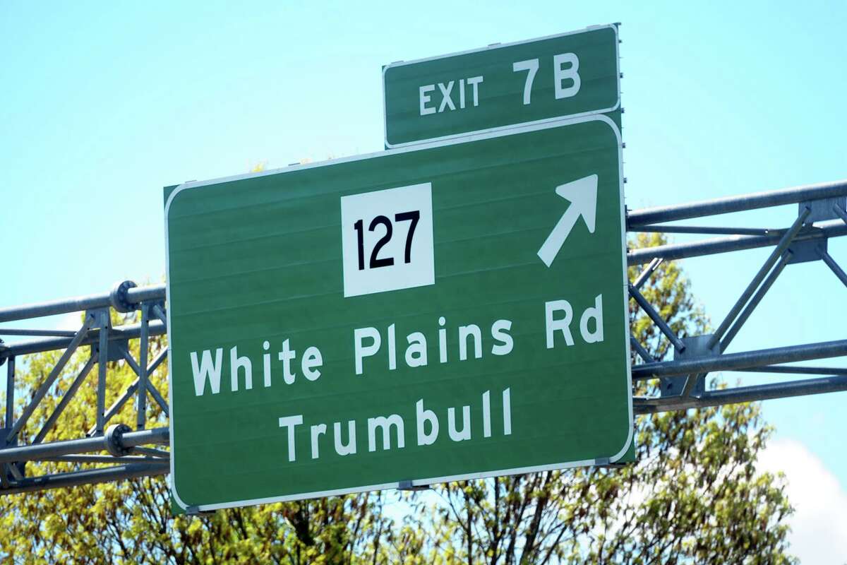 Road signs along the Rt. 8/25 and Merritt Parkway interchange, in Trumbull, Conn. May 12, 2021.