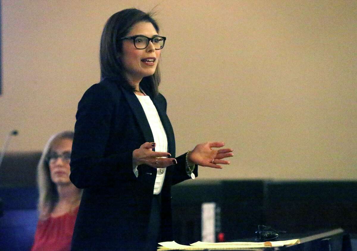 Assistant district attorney Melissa Saenz speaks to a murder trial jury in 2018. One of 11 current prosecutors running for judgeships in the March 1 primary, Saenz is trying to unseat a fellow Democrat, County Court-at-Law No. 2 Judge Grace Uzomba.