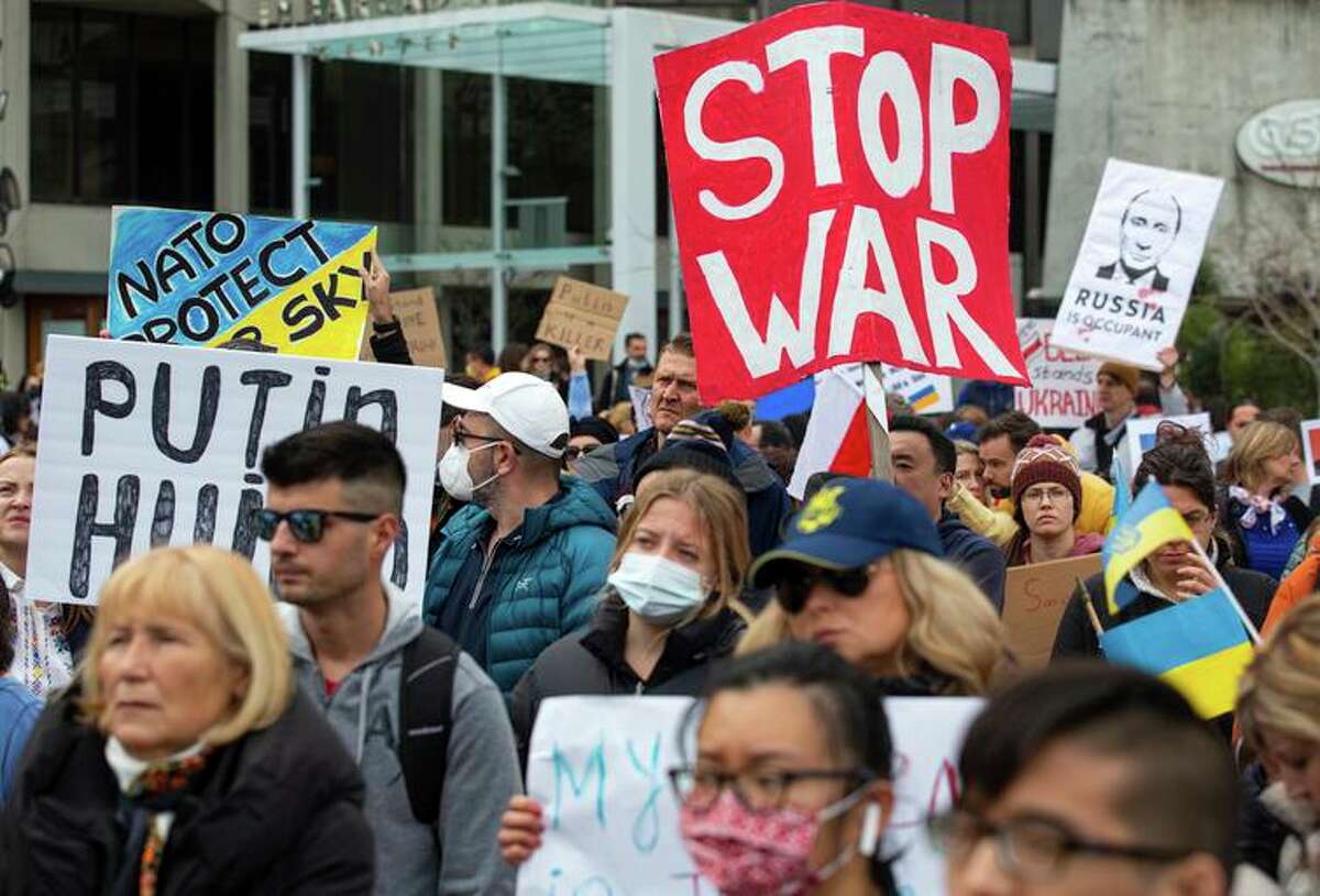 A crowd rallies in San Francisco to demand more help for Ukraine after the invasion by Russia.
