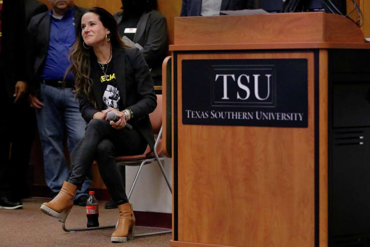 Ashley Biden, daughter of President Joe Biden, during introductions before she moderates a panel discussion town hall meeting on gun violence held in the Education Center at Texas Southern University Saturday, Feb. 26, 2022 in Houston, TX.