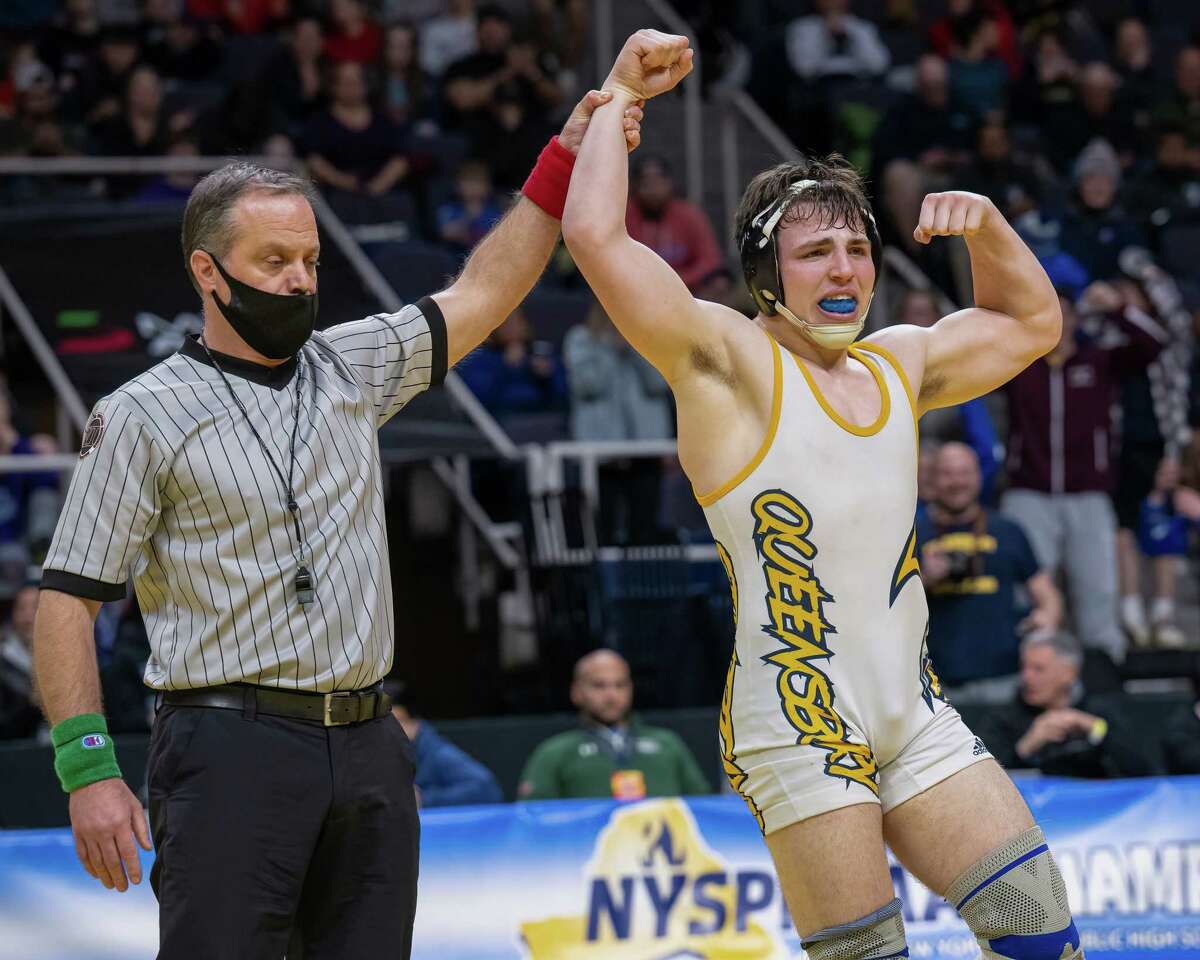 Dylan Schell, of Queensbury, after defeating Mikey Alomar, of Minisink Valley, for the the Division I, 172-pound class state championship at the MVP Arena on Saturday, Feb. 26, 2022. (Jim Franco/Special to the Times Union)