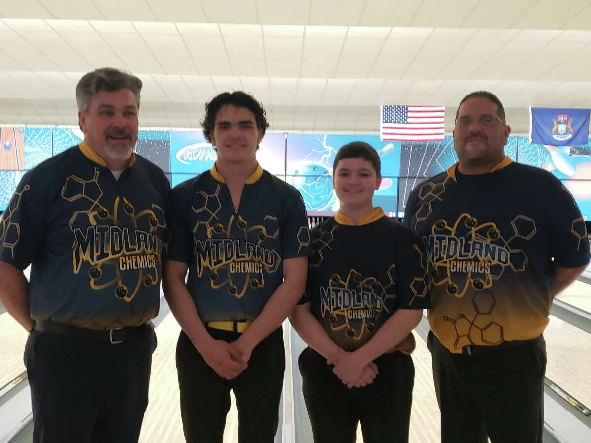 Midland High's Colin Terrill (second from left) finished second, while teammate Evan Daly (second from right) took fifth at Saturday's Division 1 regional singles tournament, Feb. 26, 2022.