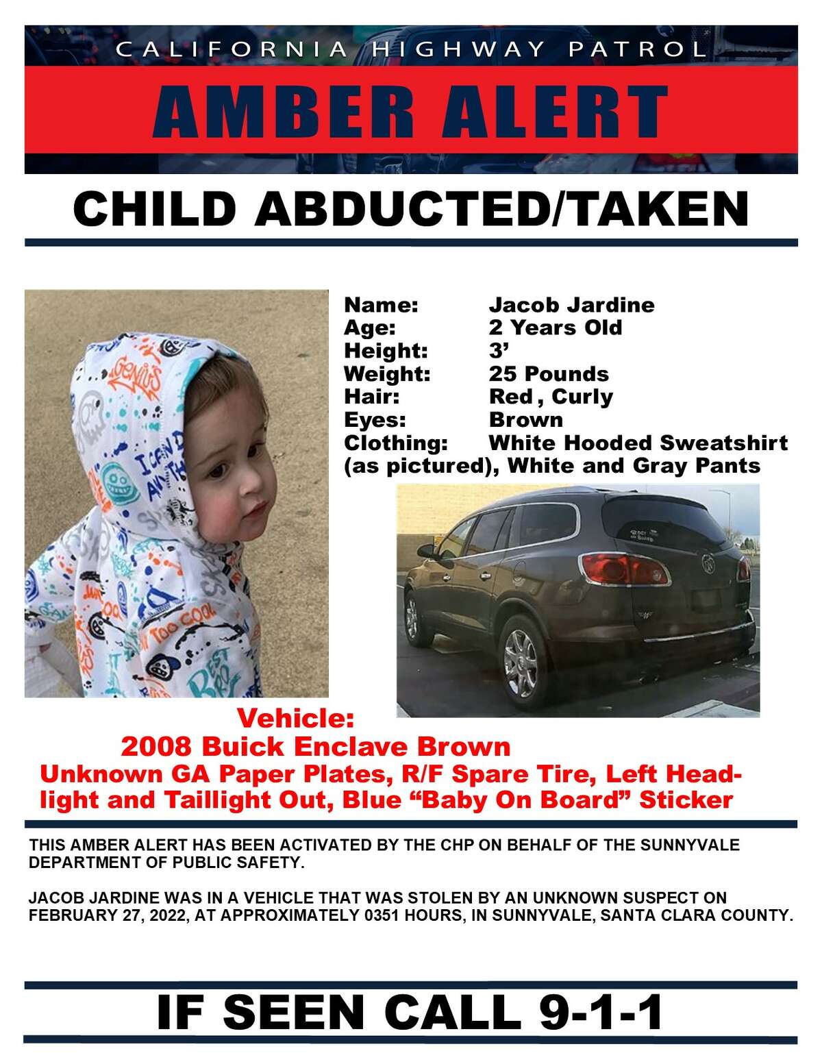 An Amber Alert was issued early Feb. 27 for a missing toddler named Jacob Jardine.