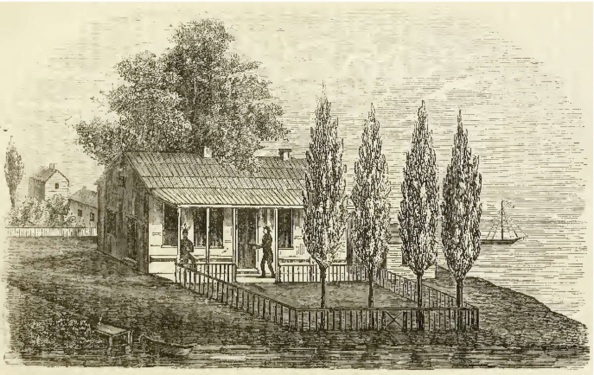 Drawing of the former home of Jean Baptiste Point du Sable in Chicago as it appeared in the early 1800s.