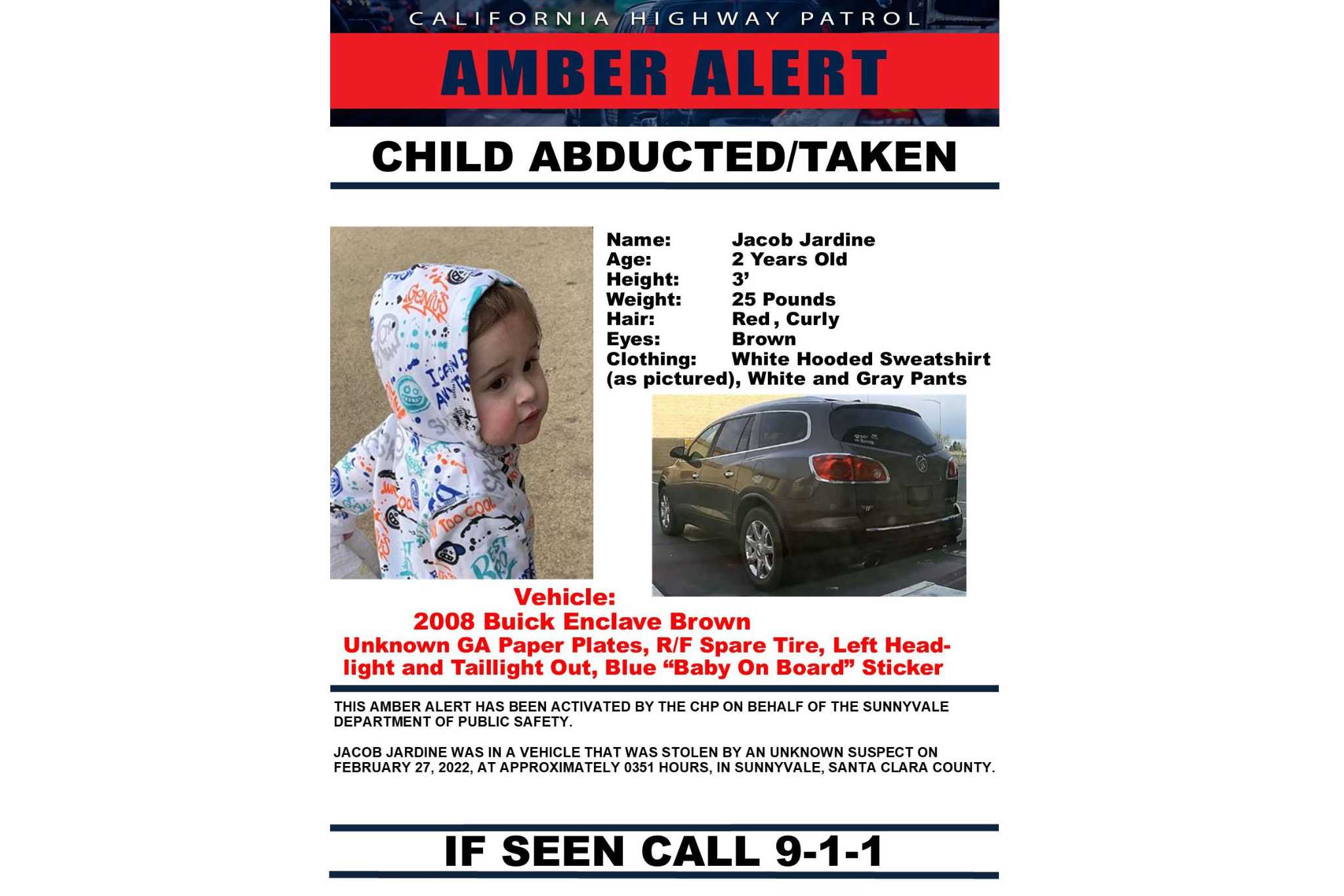 Toddler found after being abducted along with mom s car in Sunnyvale