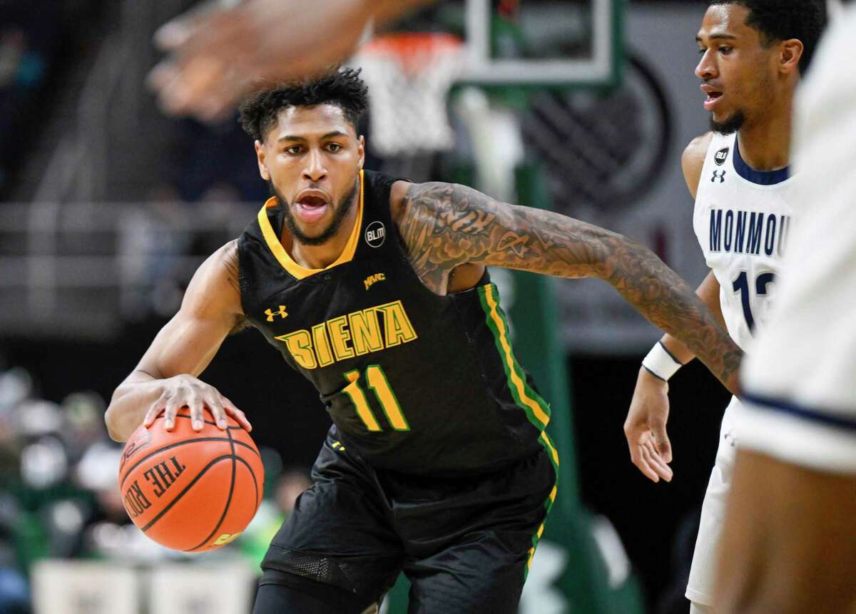 Siena guard Anthony Gaines tore his right ACL in the regular-season finale at Canisius last month. (Hans Pennink/Times Union)