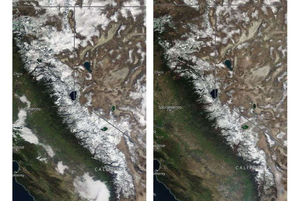 Satellite images from NASA show a big difference in California's Sierra snowpack between Jan. 9, left, and Feb. 17.