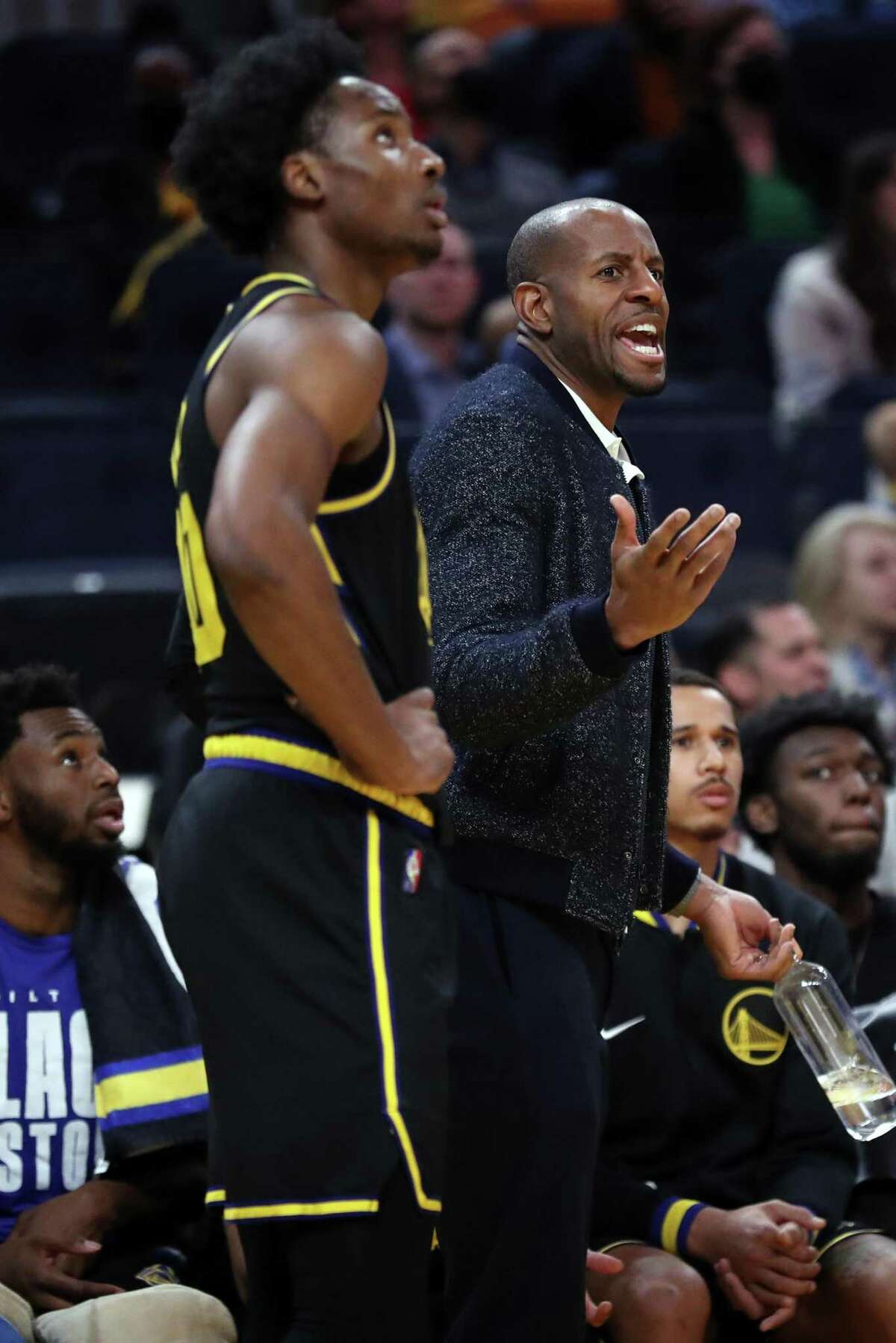 Golden State Warriors' Andre Iguodala reacts to a goaltending call and technical foul on Jonathan Kuminga in 4th quarter during Dallas Mavericks' 107-101 win in NBA game at Chase Center in San Francisco, Calif., on Sunday, February 27, 2022.