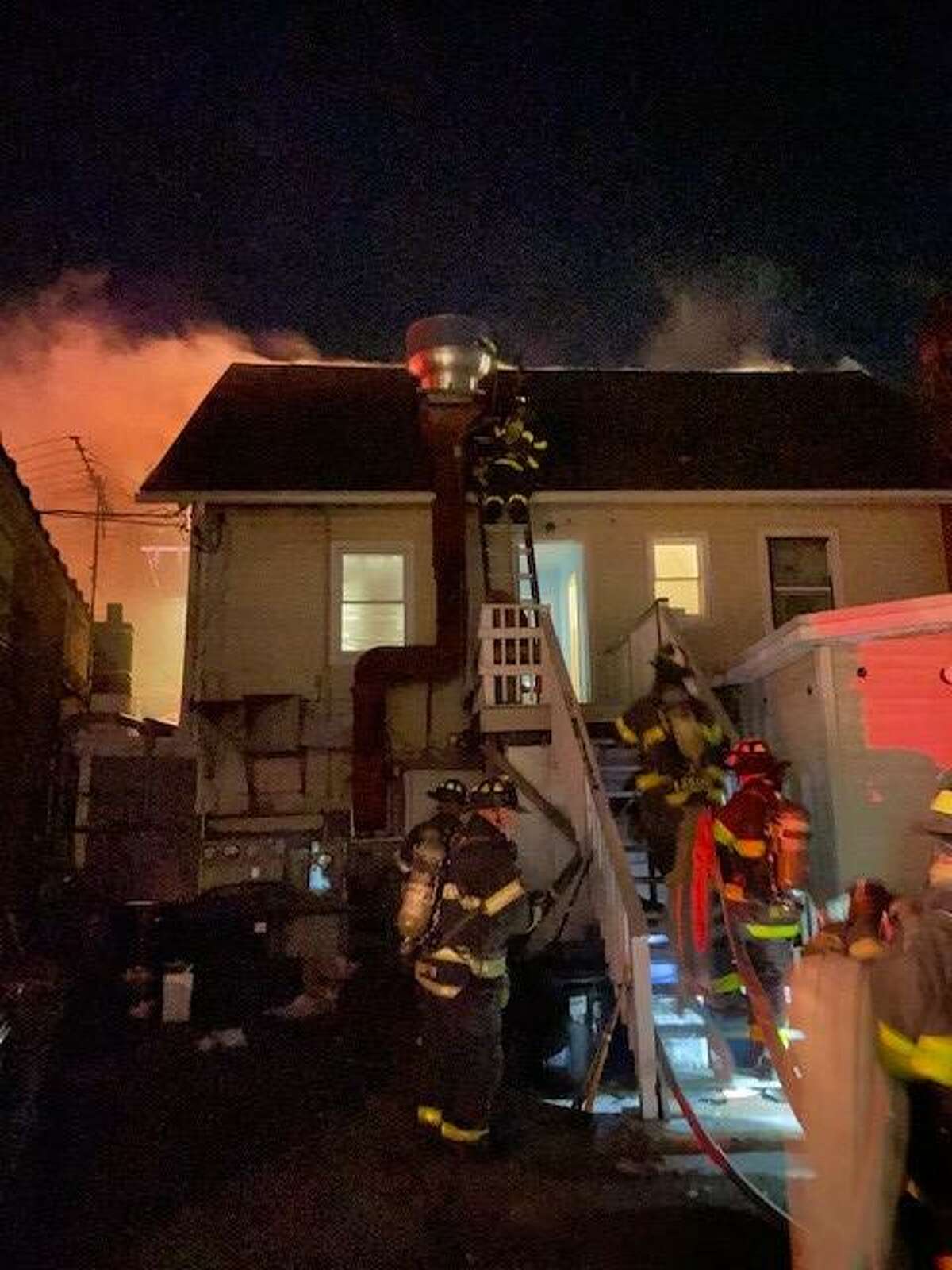Crews battled a blaze on Main Street in Norwalk, Conn., on Monday, Feb. 29, 2022.