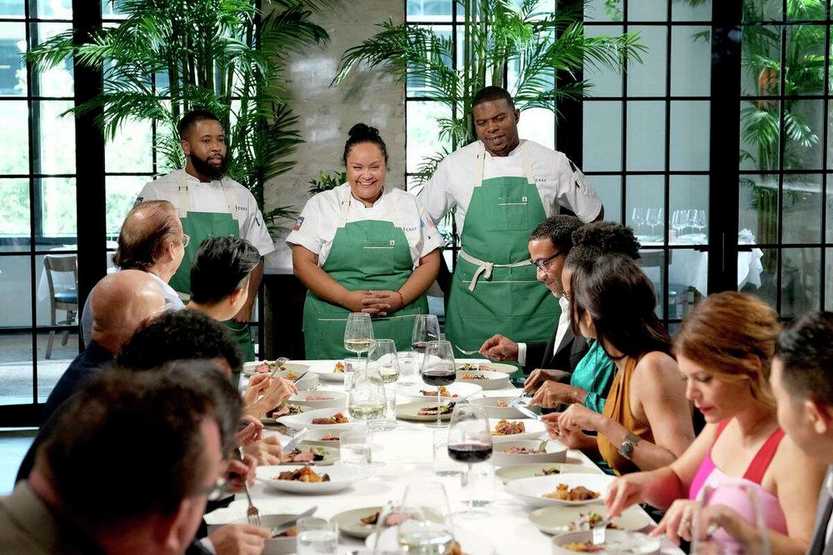 Chef Evelyn Garcia, center, represents Houston on Season 19 of "Top Chef" set in Houston, beginning March 3 on Bravo.