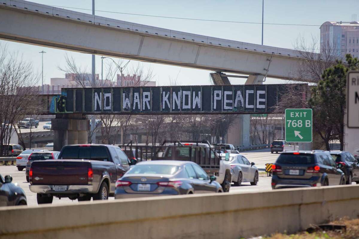 ‘No War Know Peace’ has been painted one usual spot of Houston's iconic 'Be Someone' graffiti as Ukraine if attacked by the Russian military. Monday, Feb. 28, 2022, in Houston.