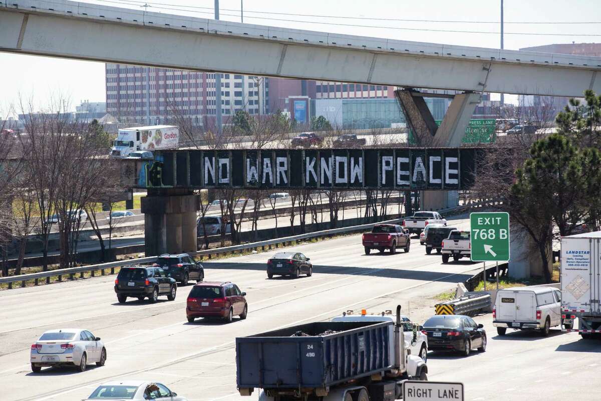 ‘No War Know Peace’ has been painted one usual spot of Houston's iconic 'Be Someone' graffiti as Ukraine if attacked by the Russian military. Monday, Feb. 28, 2022, in Houston.