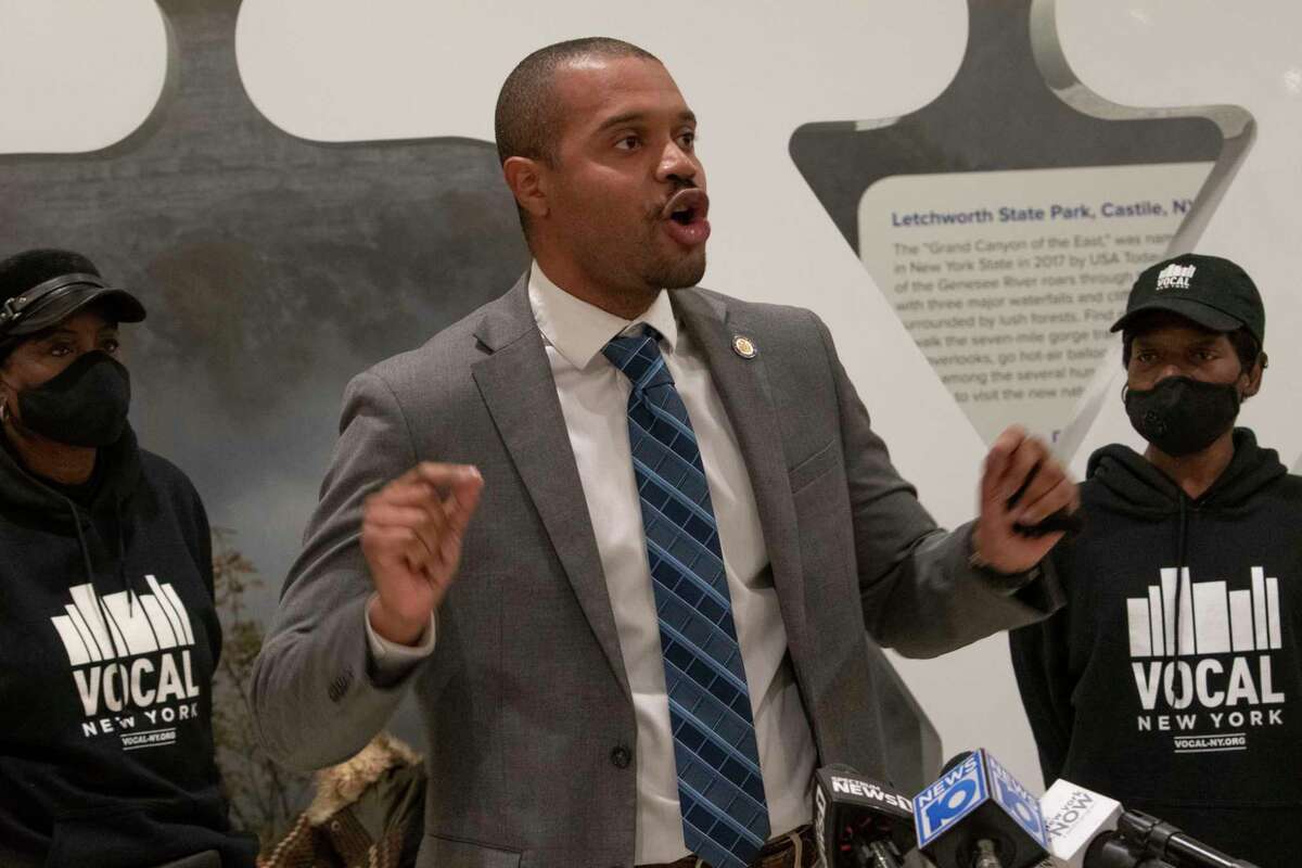 State Sen. Jabari Brisport speaks during a news conference calling for eviction protections at the Empire State Plaza Concourse on Monday in Albany.