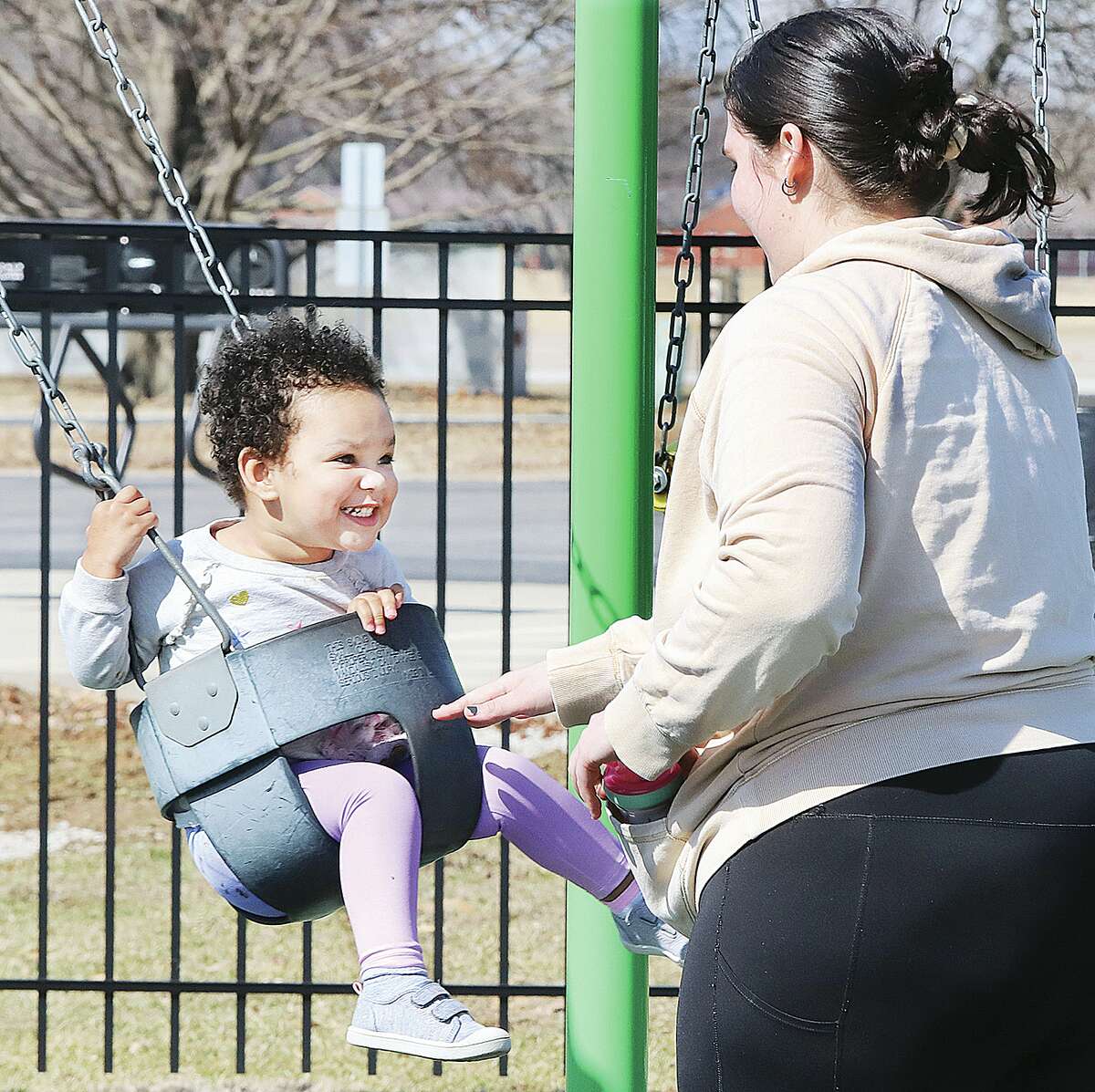 John Badman|The Telegraph It was feeling a lot like spring Monday as temperatures hit 60 degrees, bringing people outdoors for some much needed fresh air. Skylynn, 2, of Alton, was all smiles as her mother gave her pushes in the swing at Alton's Gordon Moore Park. Temperatures will be in the mid 60s Tuesday and near 70 degrees on Wednesday.