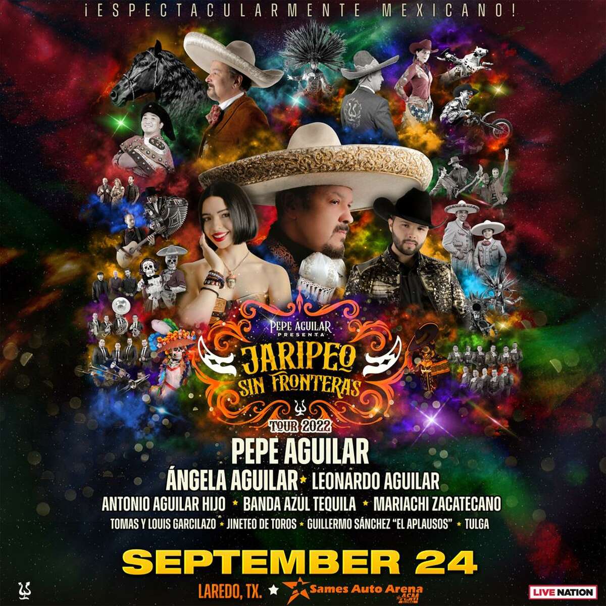 Pepe Aguilar Legendary Mexican singer Pepe Aguilar will make his visit to Laredo a family event as he is bringing his brother Antonio Aguilar, Hijo;  his talented Grammy daughter and twice Latin Grammy nominee Ángela Aguilar;  and his son Leonardo Aguilar, two-time Latin Grammy nominee, as part of his "Jaripeo Sin Fronteras" Trip.  Doors at 7pm Music at 8pm Saturday.  Same Auto Arena, 6700 Arena Blvd.  Tickets start at $40
