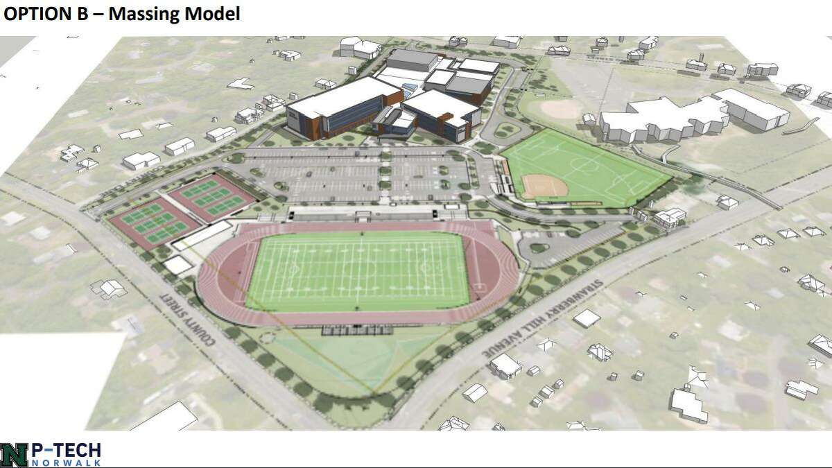 Option B would place the new Norwalk High School building where the high school football field and tennis courts are currently located on the south side of the property. The estimated $193 million project for a 330,000-square-foot building will be completed in two phases spanning about 50 months.