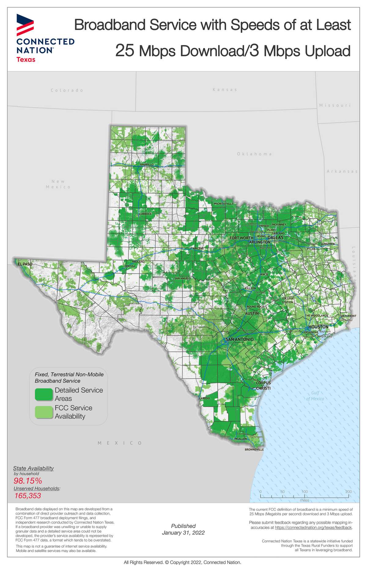 An image of Texas broadband coverage at 25x3 Mbps speed