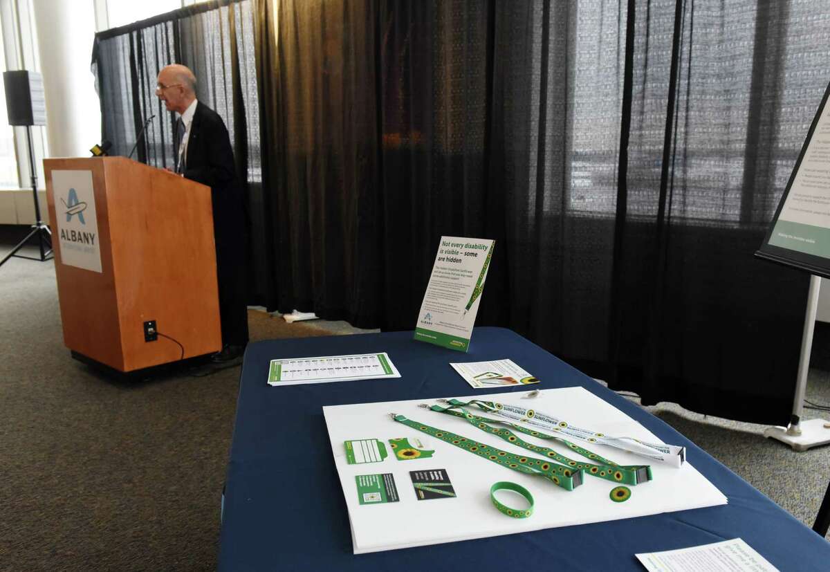 Philip Calderone, CEO, Albany County Airport Authority, announces a new program to better support people with hidden disabilities traveling through Albany International Airport on Tuesday, March 1, 2022, during a press conference at Albany International Airport in Colonie, N.Y. The airport has joined the Hidden Disabilities Sunflower Organization by introducing its Sunflower Lanyard Program. The lanyards help airport personnel quickly recognize and assist individuals with hidden disabilities who may require additional support.
