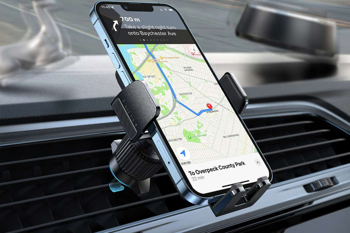 This steel car phone mount is made for the road