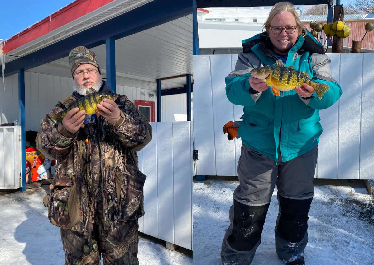 Mike Chmielewski and Mindy Sedelmaier tied for pan fishing in the Fun Fish event with a 1.35-pound perch at the Manistee County Sport Fishing Association event over the weekend. 
