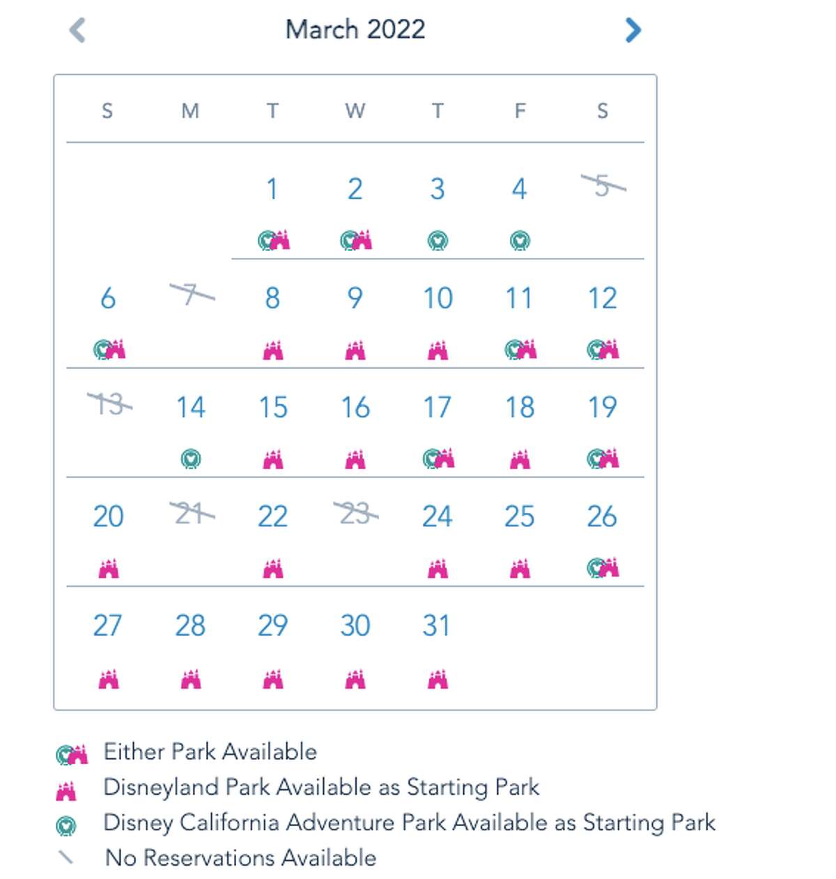 Disneyland calendar for March 2022.