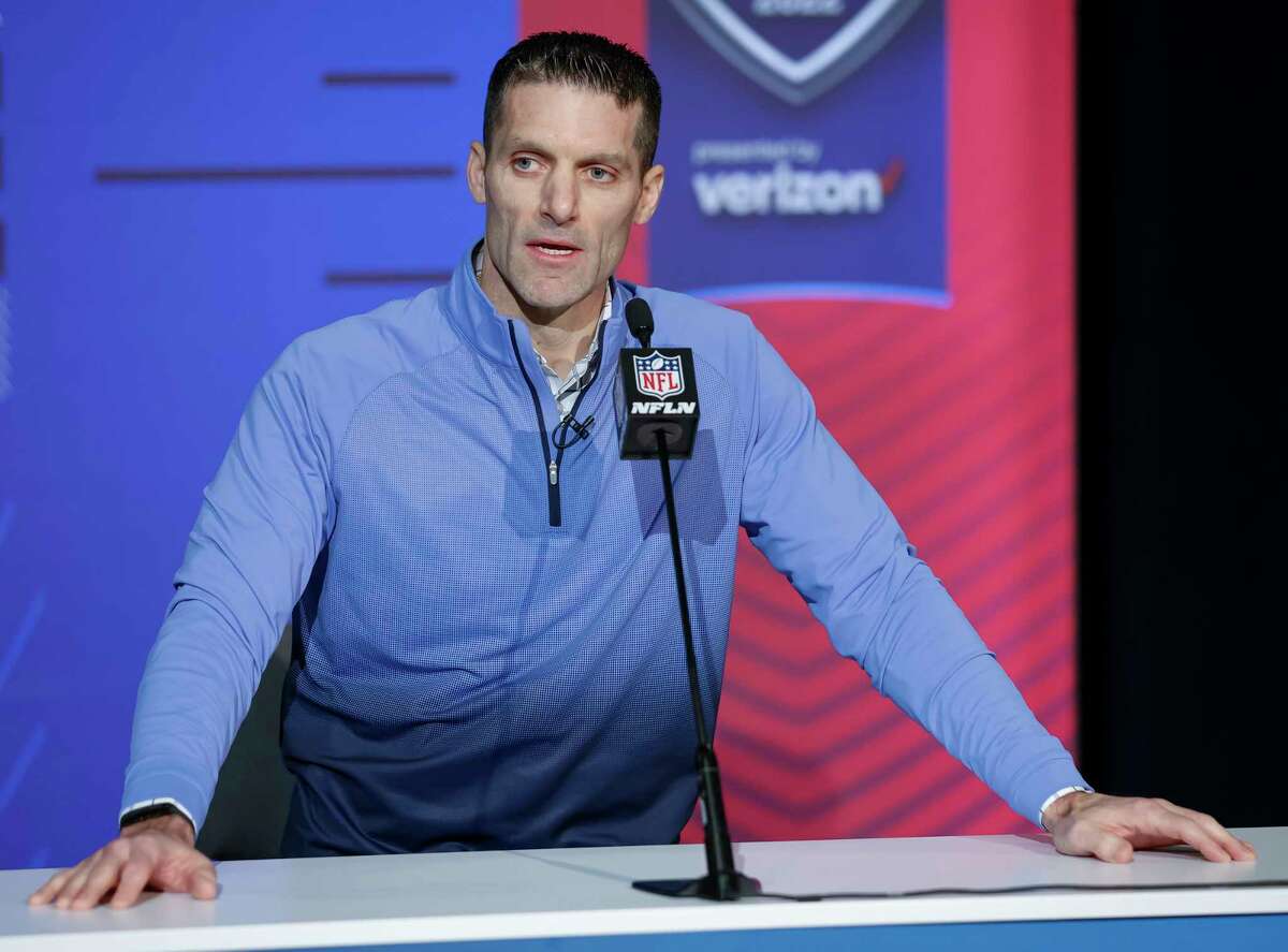 Nick Caserio, general manager of the Houston Texans speaks to reporters during the NFL Draft Combine at the Indiana Convention Center on March 1, 2022 in Indianapolis, Indiana.