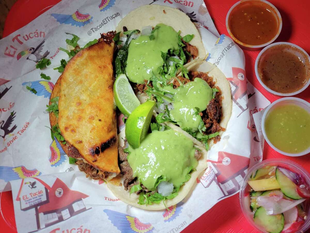 Spread of Tijuana style tacos from Tacos El Tucan in Richmond.