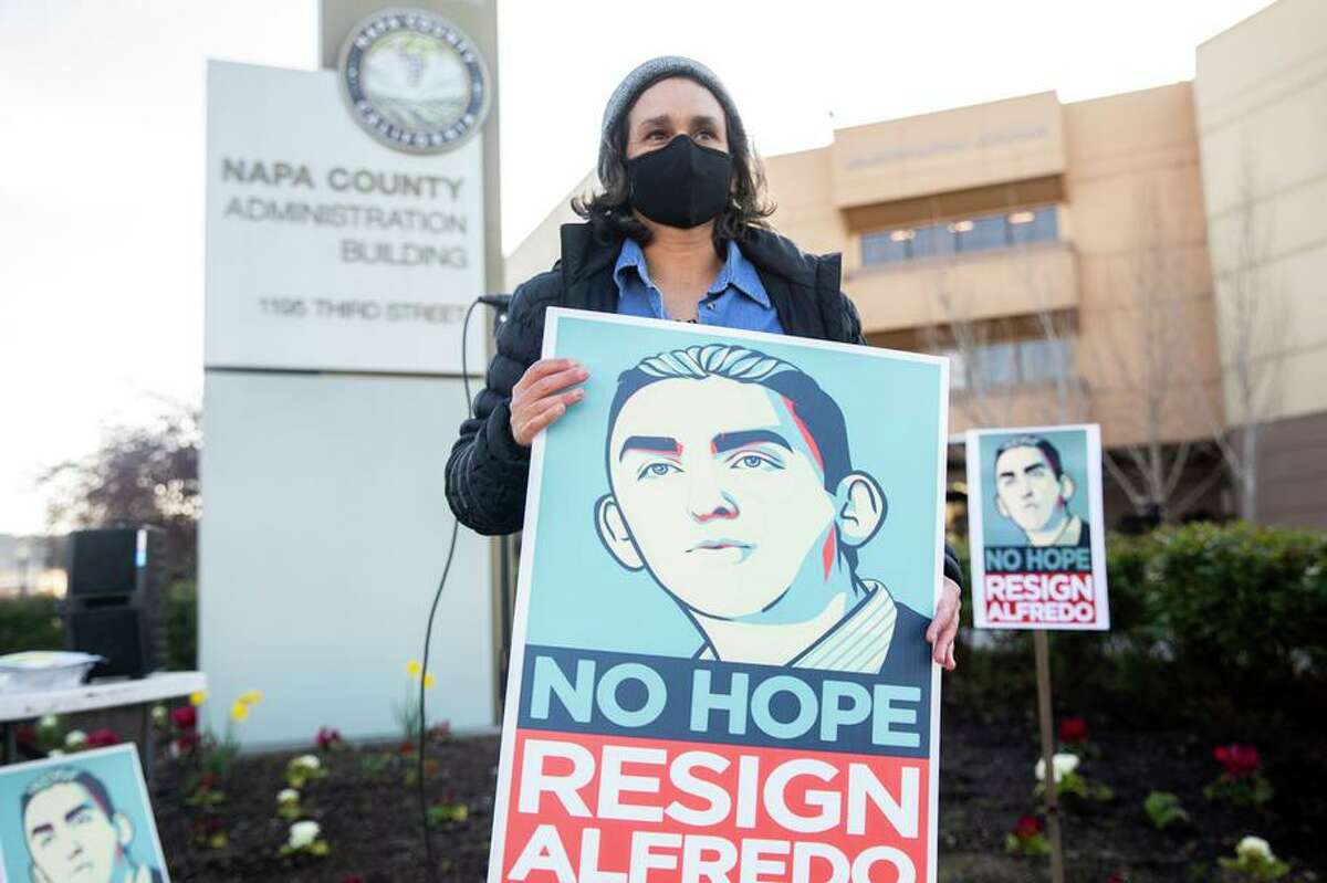 Napa County resident Beth Nelsen, who discovered information linking Supervisor Alfredo Pedroza to a property adjacent to Walt Ranch, at a protest on Tuesday.