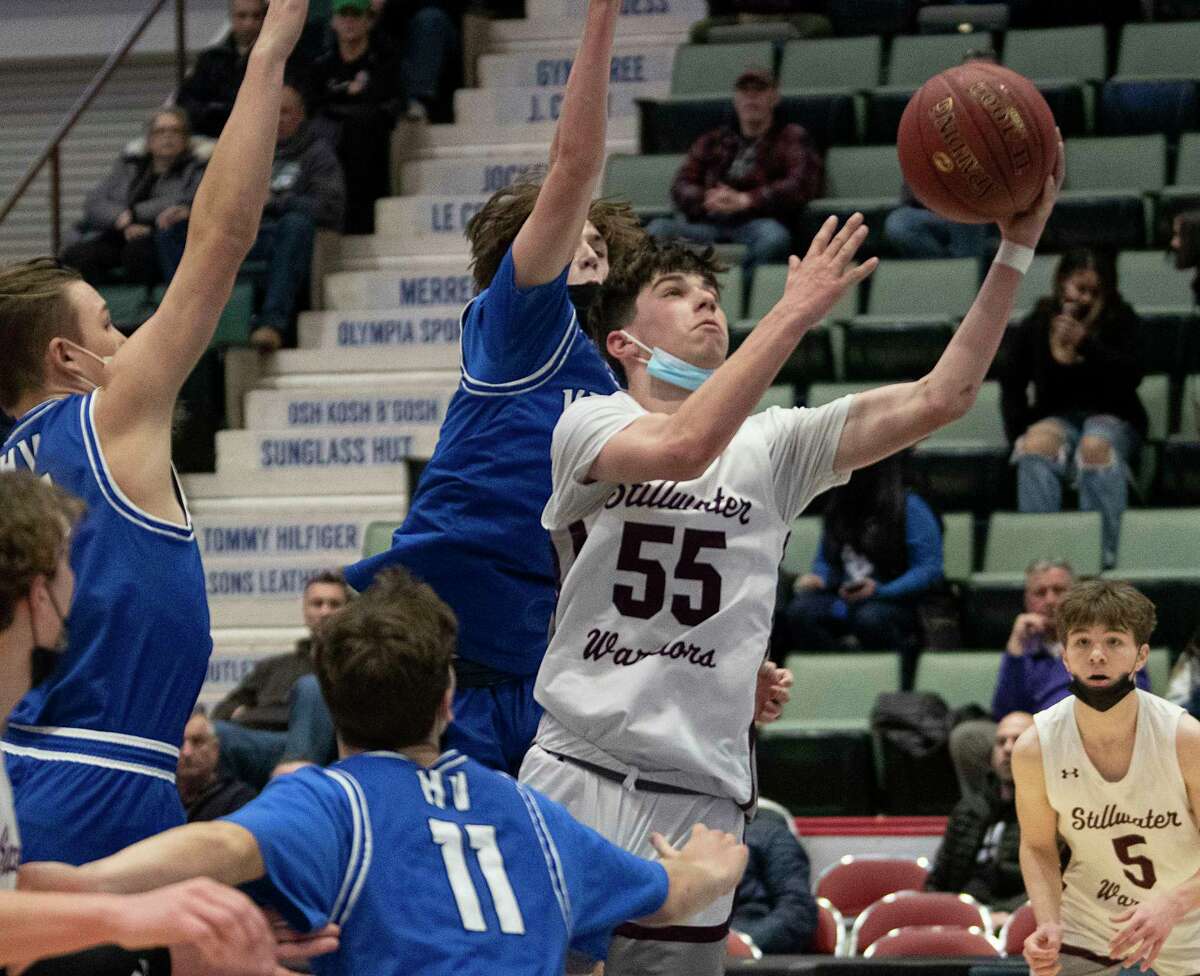 Stillwater’s Carter Wichelns drives to the hoop during the boys Class CC semifinal basketball game against Hoosic Valley at Cool Insuring Arena on Tuesday, March 1, 2022 in Glens Falls, N.Y.