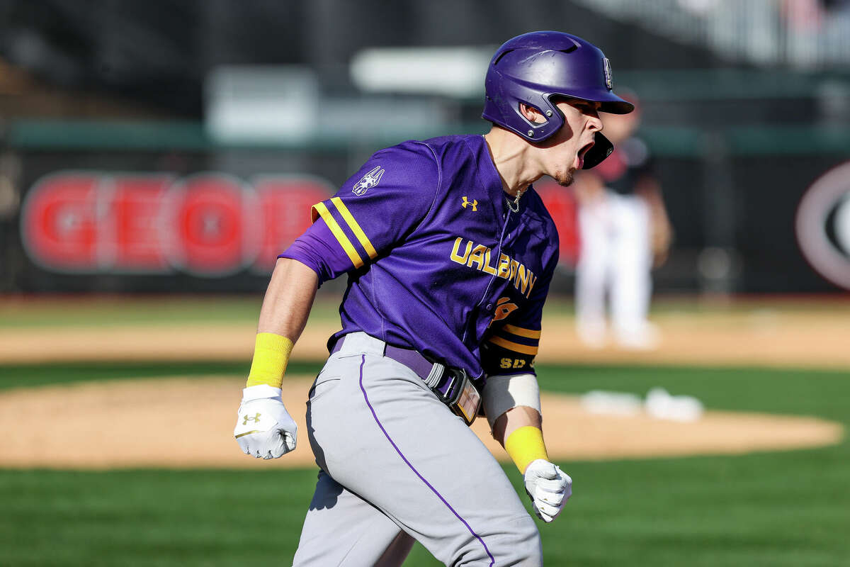 UAlbany shortstop Brad Malm has had plenty of chances to work on his home run trot. He has hit eight in seven games this season, including three in the opening series at No. 16 Georgia. (Tony Walsh/Georgia athletics)