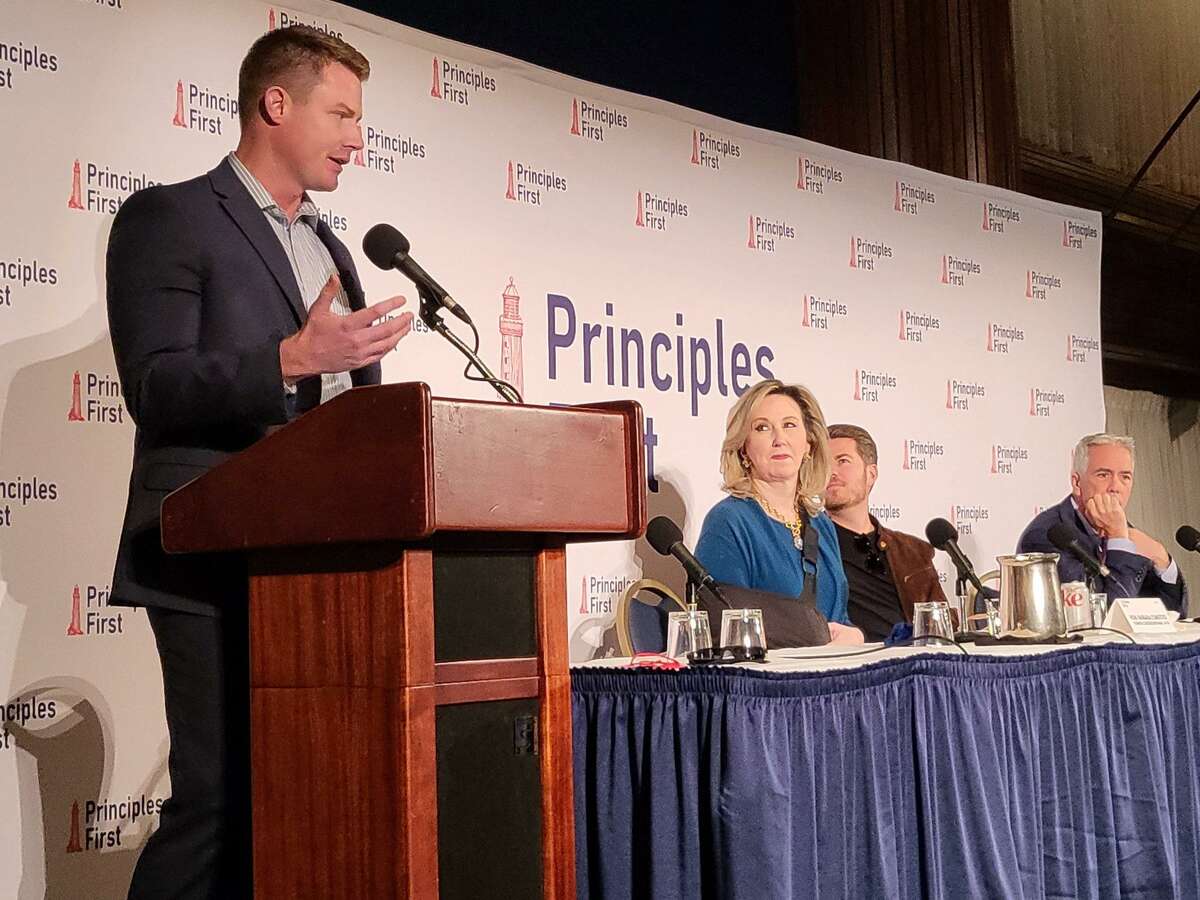 Michael Wood, Barbara Comstock (R-VA), Miles Taylor, and Joe Walsh speak on Feb. 26 at the Principles First conference held in Washington.