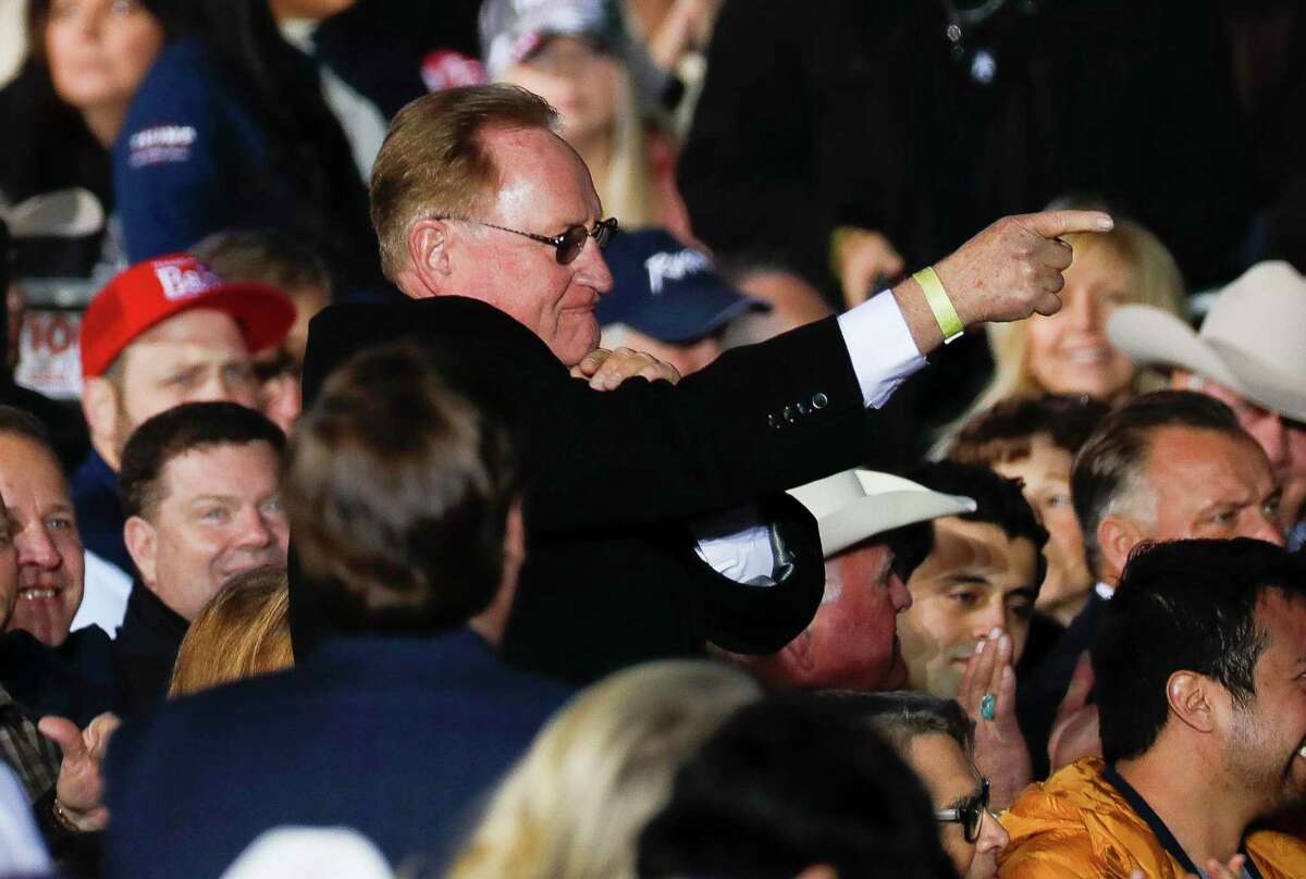 Montgomery County Judge Mark Keough points at former President Donald Trump at a Save America Rally on Jan. 29 in Conroe. Keough had a hardy lead after early voting numbers were counted, indicating he won’t face a runoff for his second term by garnering well over 50 percent of the vote.