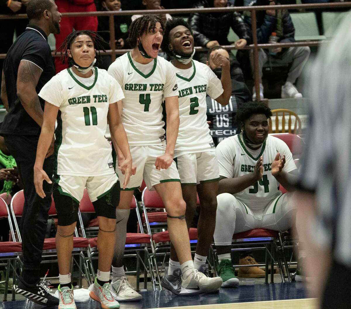 Green Tech’s players cheer minutes before defeating Albany during the Class AA boys' semifinal basketball game at Cool Insuring Arena on Tuesday, March 1, 2022 in Glens Falls, N.Y.