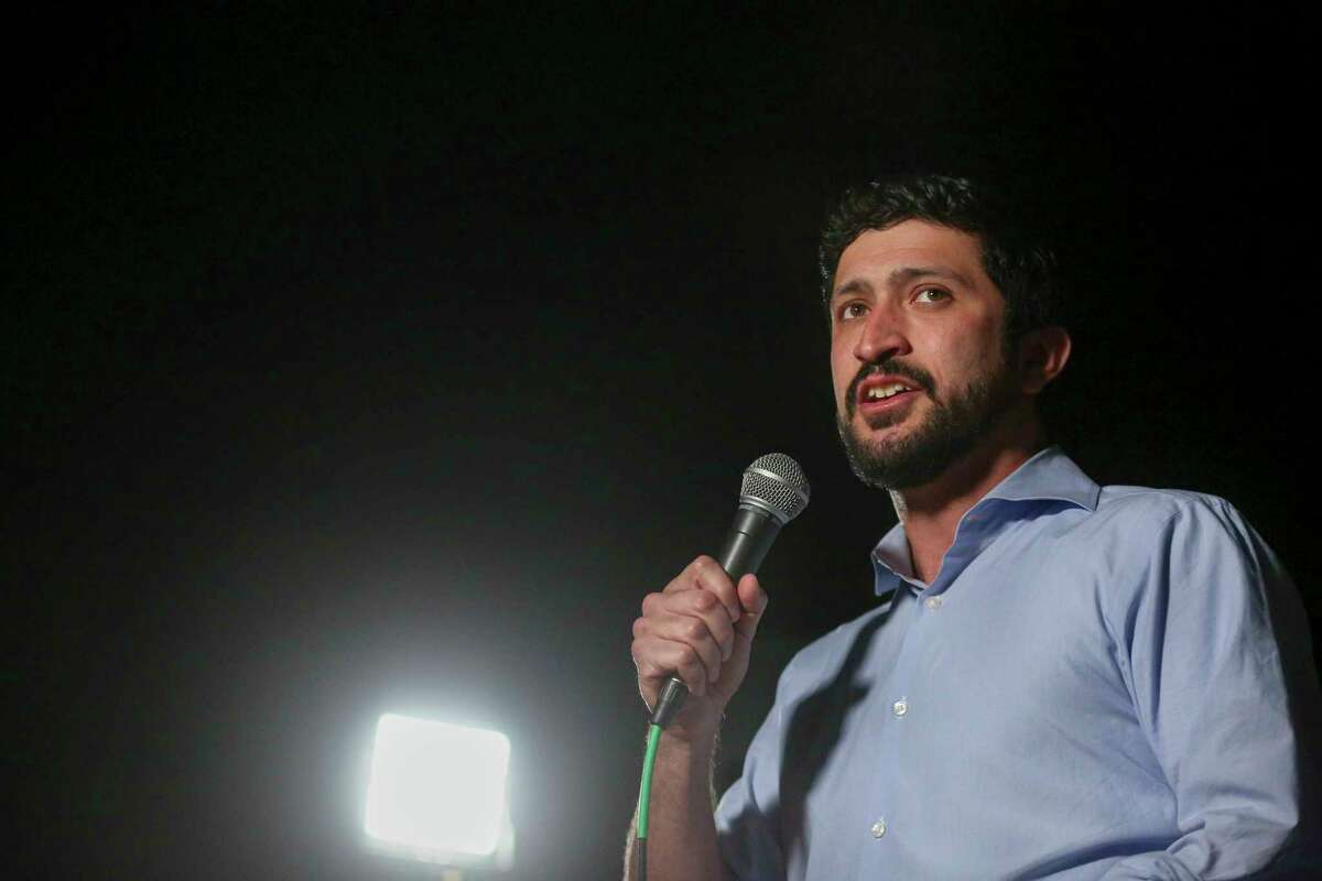 Congressional candidate Greg Casar speaks to attendees during his campaign election day watch party held at Native Hostel in Austin, Texas, on March 1, 2022.