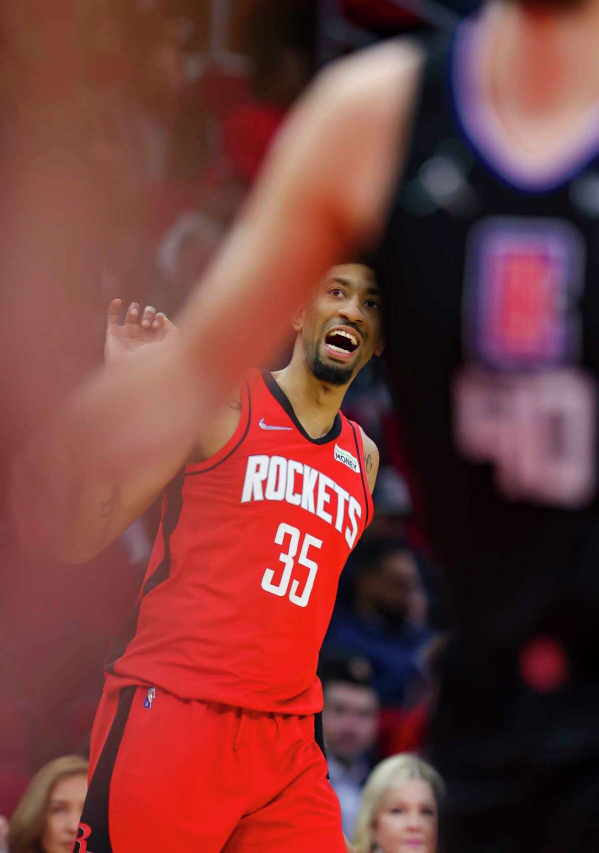 Houston Rockets center Christian Wood (35) reacts to a shot during the first half of an NBA game between the Houston Rockets and Los Angeles Clippers, Tuesday, March 1, 2022, at Toyota Center in Houston.