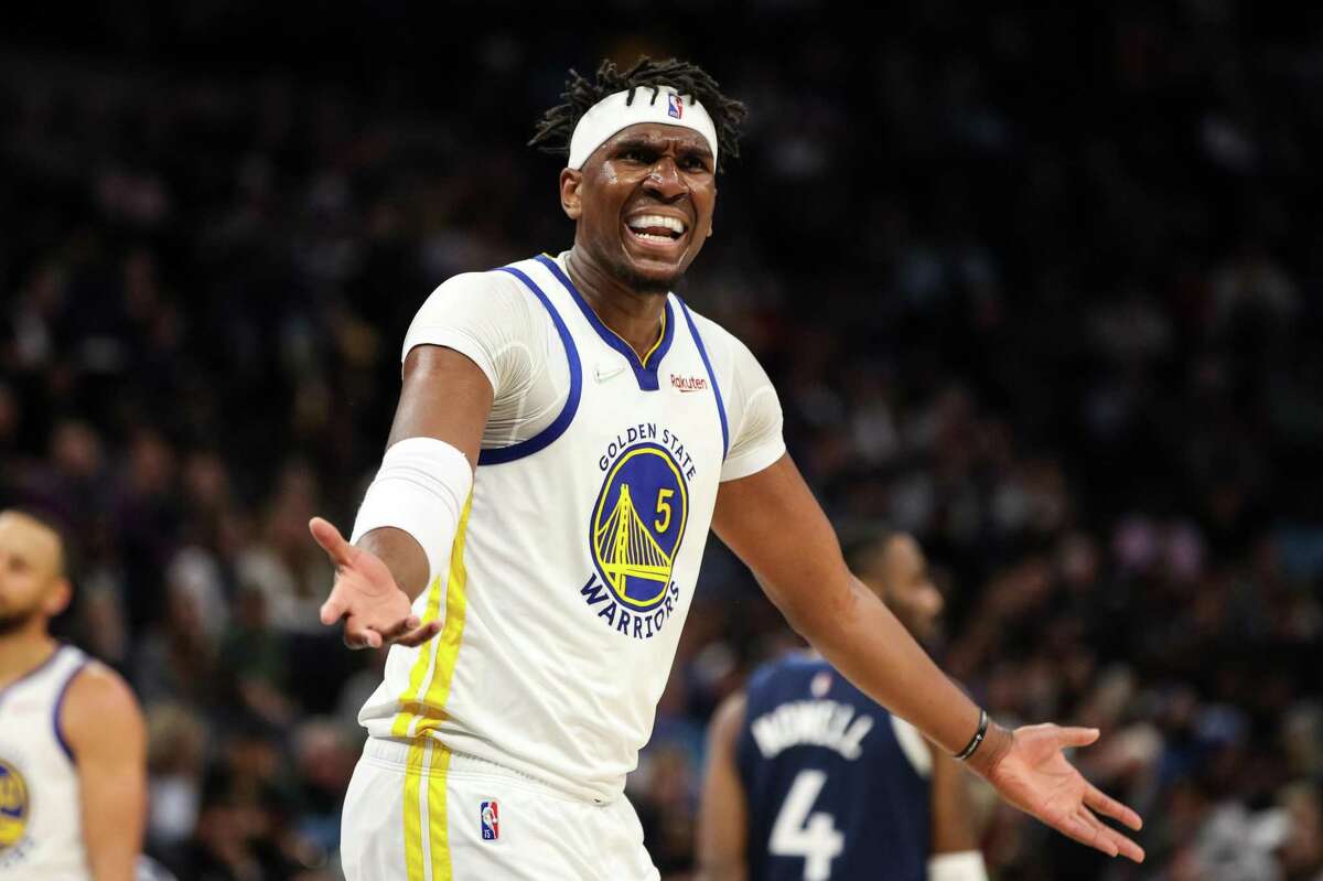MINNEAPOLIS, MN - MARCH 01: Kevon Looney #5 of the Golden State Warriors reacts after getting called for a foul against the Minnesota Timberwolves in the first quarter of the game at Target Center on March 1, 2022 in Minneapolis, Minnesota.