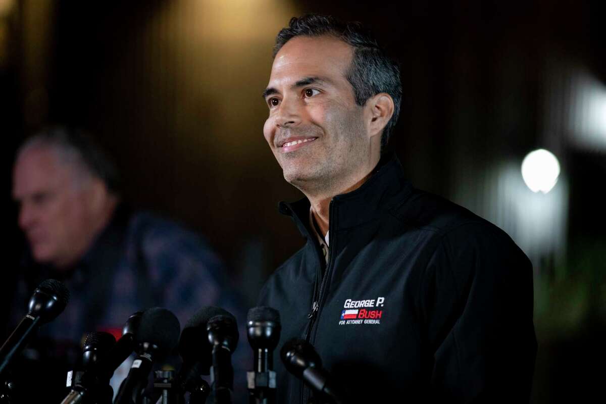 George P. Bush answers questions from the news media during his election night watch party at Central Machine Works, a microbrewery and food hall, in Austin, Texas, Tuesday, March 1, 2022.