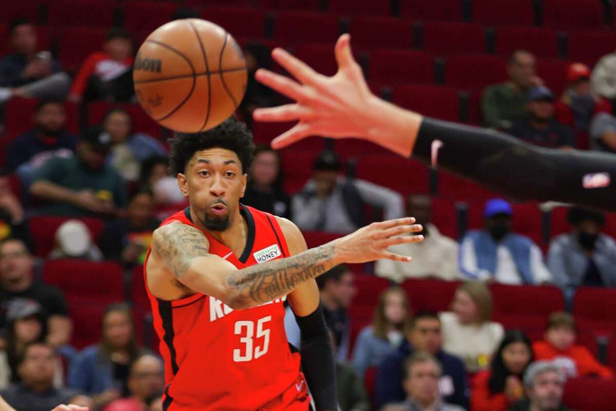 Houston Rockets center Christian Wood (35) passes under the basket during the second half of an NBA game between the Houston Rockets and Los Angeles Clippers, Tuesday, March 1, 2022, at Toyota Center in Houston.