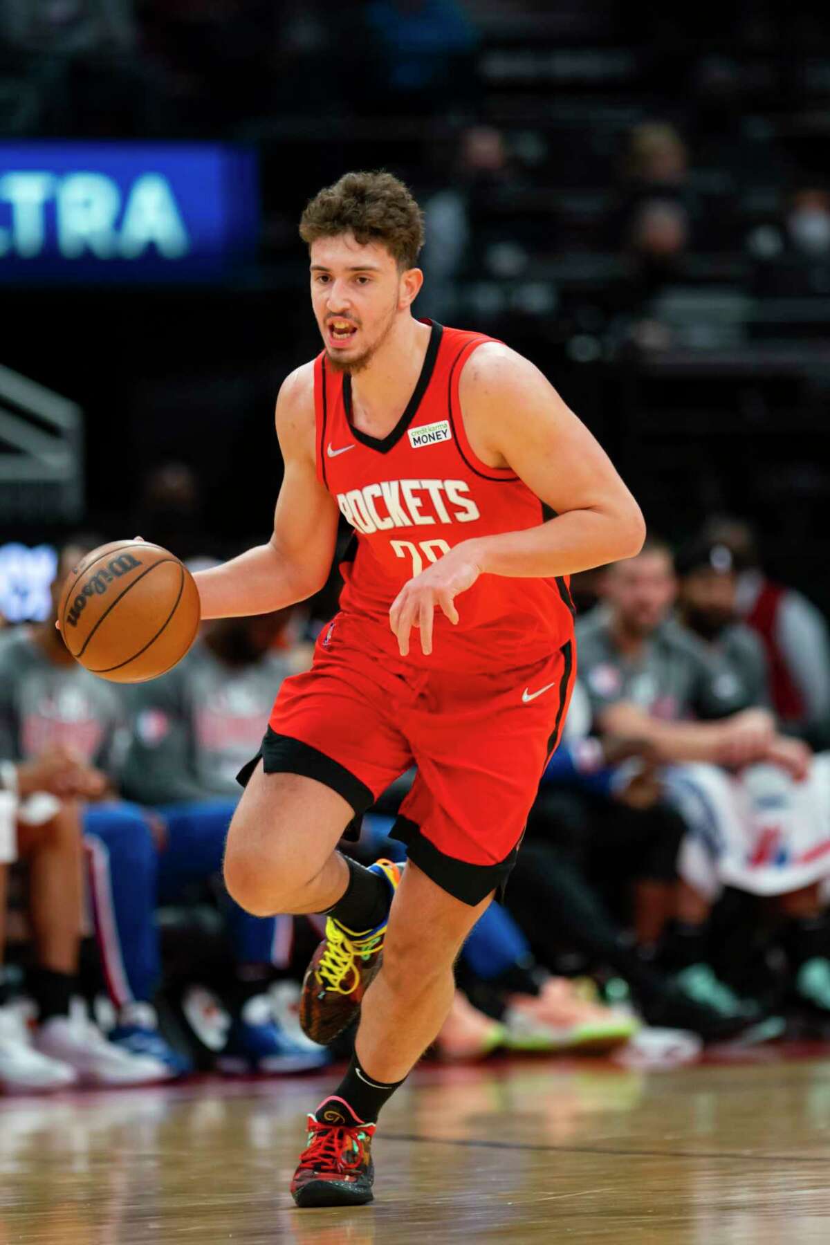 Houston Rockets center Alperen Sengun (28) drives down court during the second half of an NBA game between the Houston Rockets and Los Angeles Clippers, Tuesday, March 1, 2022, at Toyota Center in Houston.