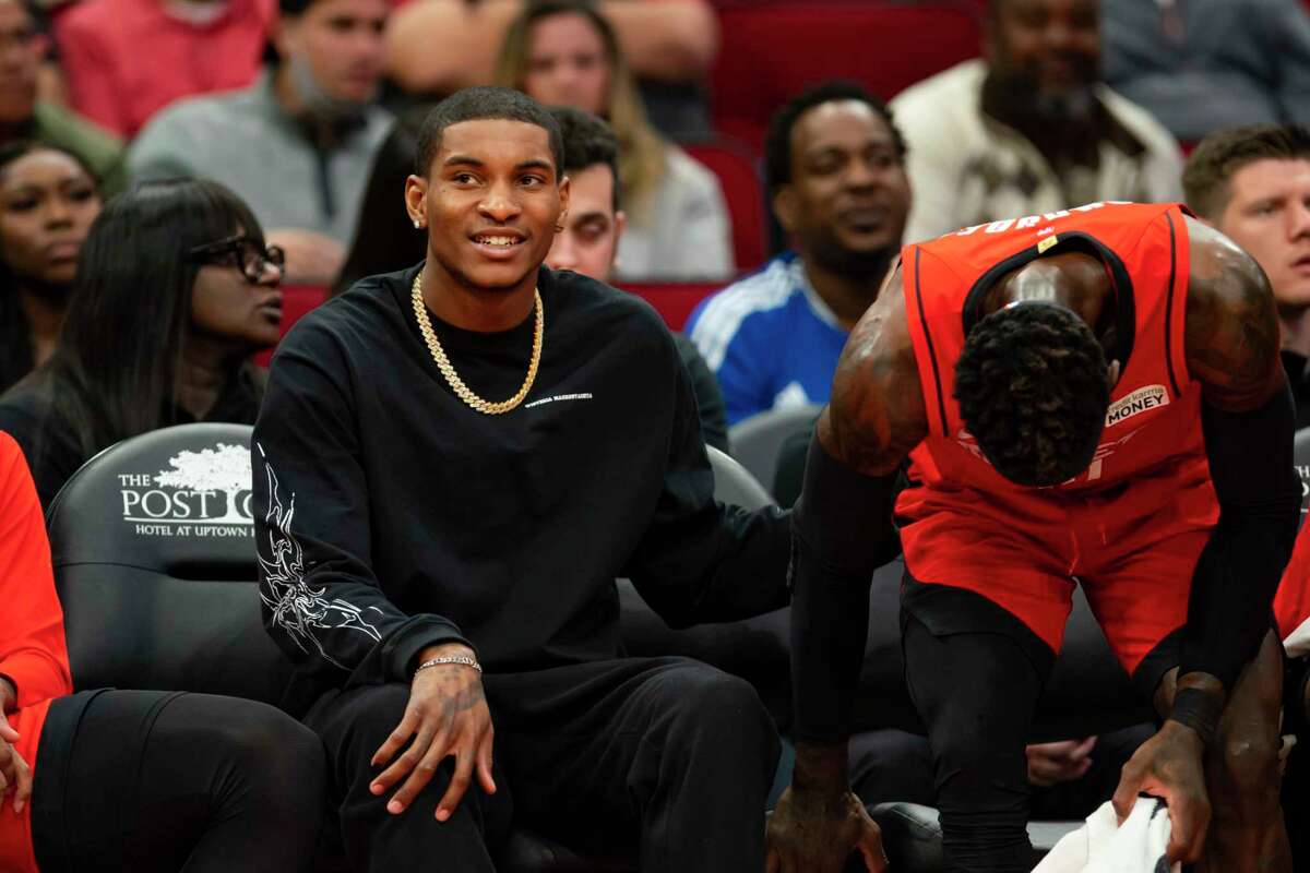 Houston Rockets guard Kevin Porter Jr. (3) sits on the bench during the second half of an NBA game between the Houston Rockets and Los Angeles Clippers, Tuesday, March 1, 2022, at Toyota Center in Houston.