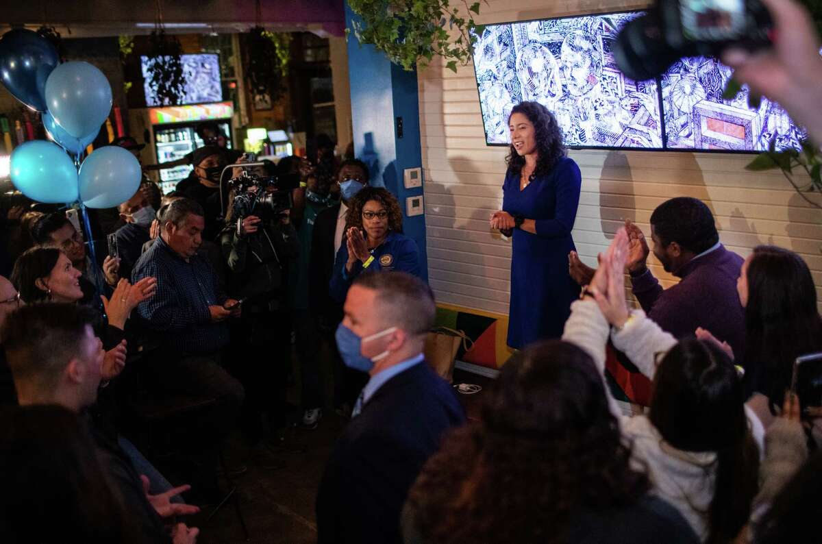 Harris County judge Lina Hidalgo talks to her supporters at a primaries election night party, Tuesday, March 1, 2022, in Houston.