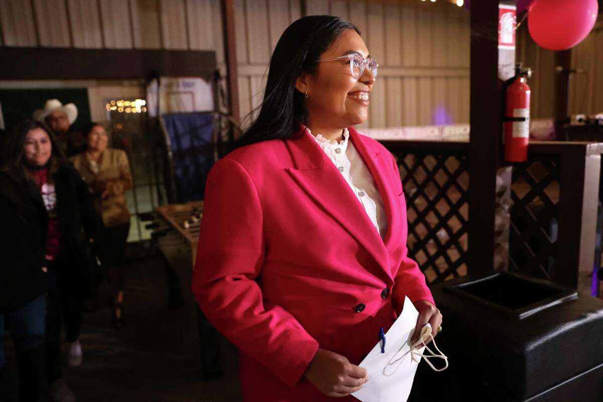 Jessica Cisneros arrives to addresses supporters at a watch party in Laredo, Texas, Tuesday, March 1, 2022. She is in a race for the Texas Democratic Congressional District 21 seat against incumbent Henry Cuellar.
