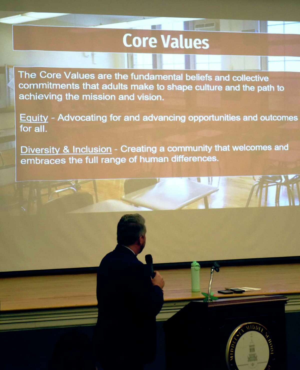 Core values are outlined during the Darien Public Schools inaugural Diversity, Equity, and Inclusion (DEI) Committee meeting at Middlesex Middle School in Darien, Conn. Monday, Feb. 28, 2022. The DEI Committee met for the first time Monday to outline its goals for the coming year.