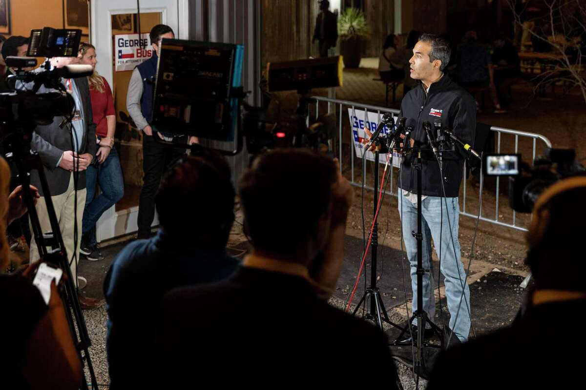 George P. Bush addresses the news media during his election night watch party at Central Machine Works, a microbrewery and food hall, in Austin, Texas, Tuesday, March 1, 2022. The 45-year-old Texas General Land Office commissioner is running in the republican primary for Attorney General against incumbent General Ken Paxton, Rep. Louie Gohmert and former Texas Supreme Court Justice Eva Guzman.